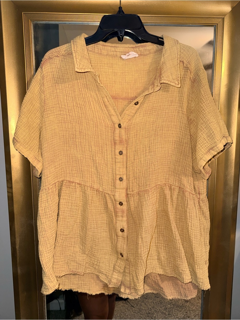 Women's Mustard Button-Front Peplum Tunic - Lightweight Short Sleeve 1XL